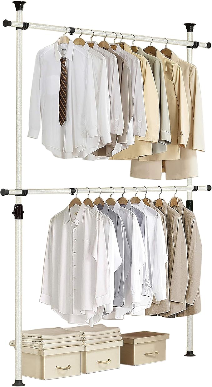 PRINCE HANGER Heavy Duty Adjustable Garment Rack – One Touch System for Easy Assembly, 352 LBS Load Capacity, Freestanding Metal Wardrobe Closet Rack Ivory (Width Adjustable, PHUS-0023)