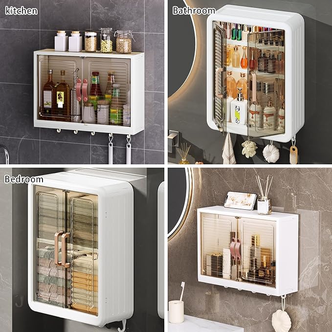 DASITON Wall Mounted Large Capacity Makeup Organizer,Dustproof Cosmetic Organizer,Bathroom Organizers and Storage,Skincare Organizers for Vanity,Bedroom(White 01)