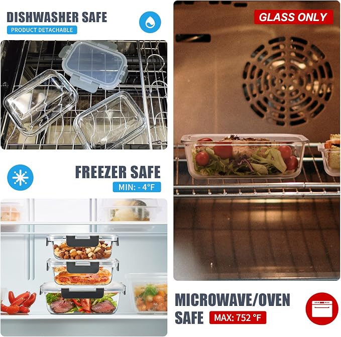6pack Glass Meal Prep Container, Food Storage Containers with Airtight Lids | Glass Lunch Containers with Airtight Lids, Microwave to Freezer Safe, Dishwasher Safe