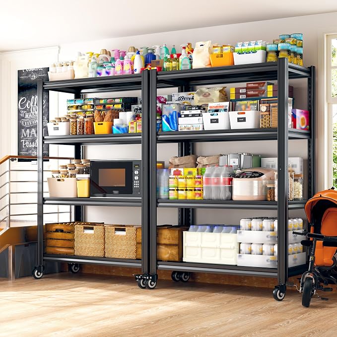 REIBII Rolling Storage Shelves Adjustable Shelf for Kitchen Office | 2080 LBS capacity,59.8" H x 31.5" W x 16.5" D,4 Tier,Black,Solid metal panels，360°wheels with lock,Boltless 10min assembly