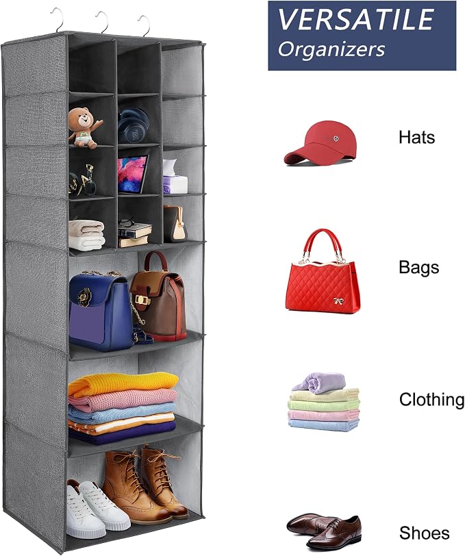 Libeder Shoe Organizers for Closet, 15 Shelf Hanging Closets Storage Shelves,12 Rack Organizer 3 Large Compartment for Clothes, Space Saving for Shoes with 3 Metal Hook(Grey)