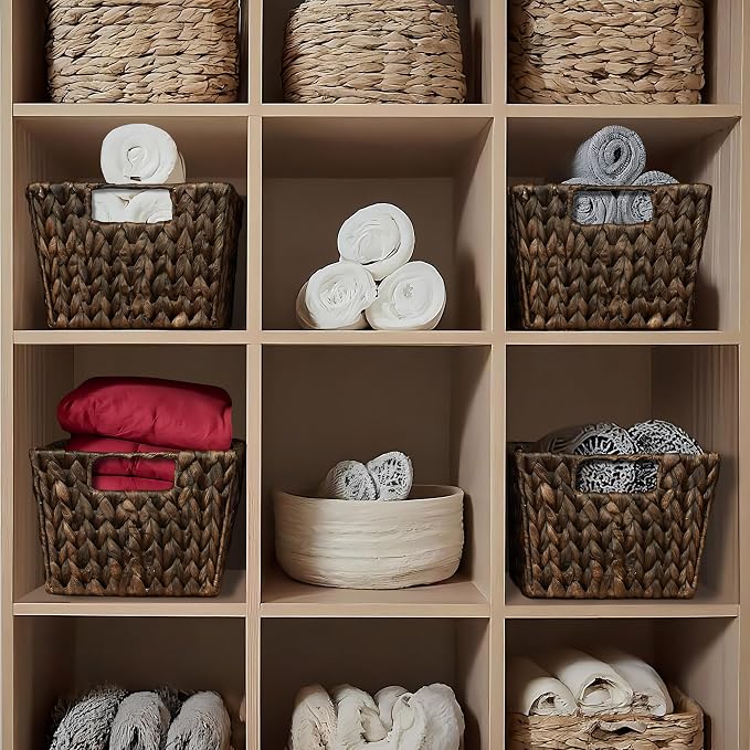 Casafield Set of 4 Water Hyacinth Storage Baskets with Handles - Espresso Brown, Woven Storage Bins for Shelves, Blankets, Laundry Organization