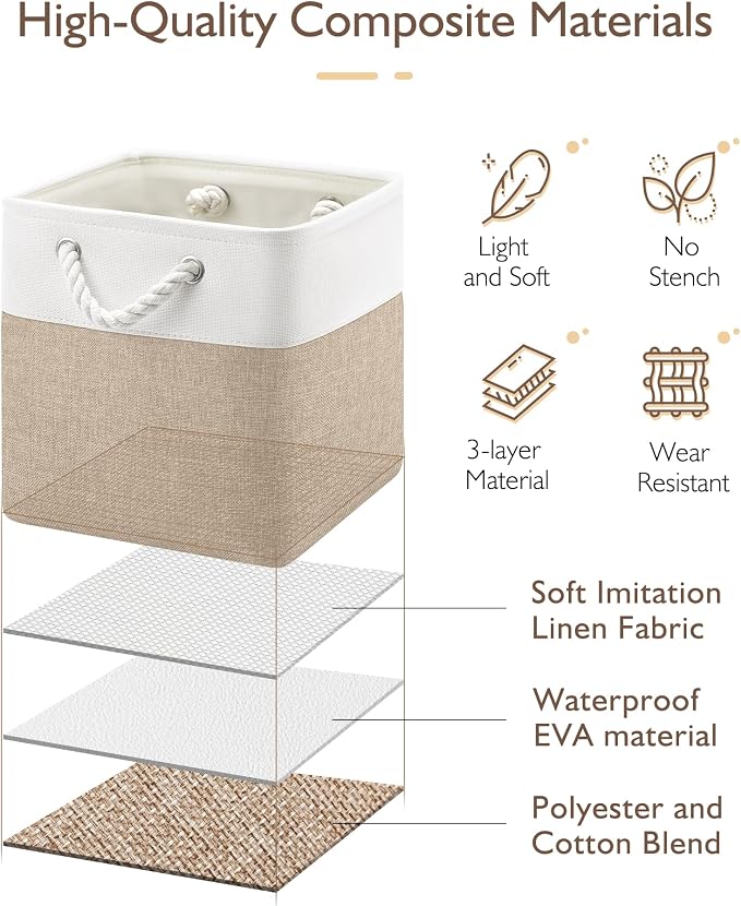 Patvingot 11 Inch Cube Storage Bins, 4 Pack Fabric Storage Cubes with Rope Handles, Organizer Baskets for Closet Shelves, Clothes and Home Organization(White/Khaki)