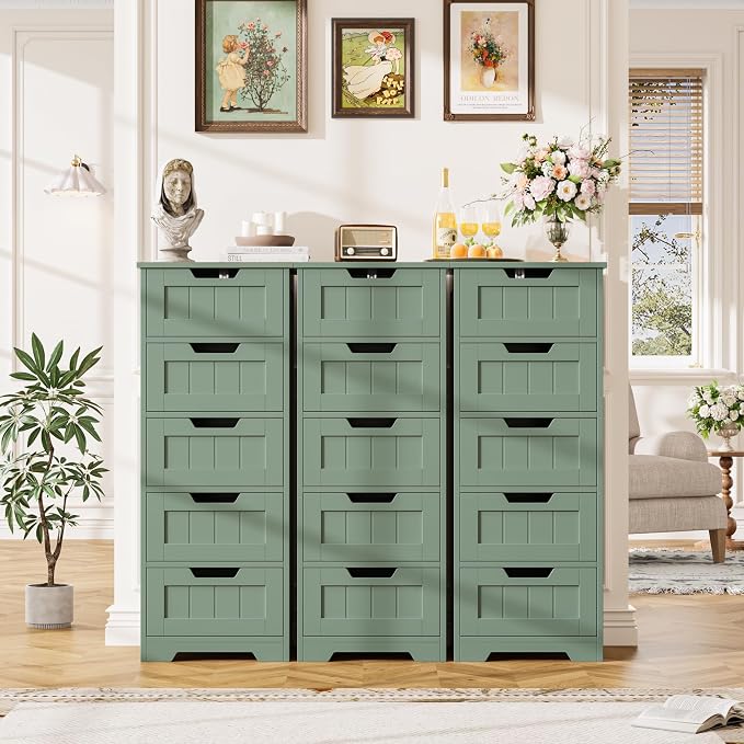 FOTOSOK Bathroom Cabinet, Bathroom Storage Cabinet with 5 Drawers, Wooden Storage Cabinets with Cut-Out Handles, 11.8” x 15.7” x 40.1” Bathrooms Floor Cabinets for Hallway/Living Room, Green
