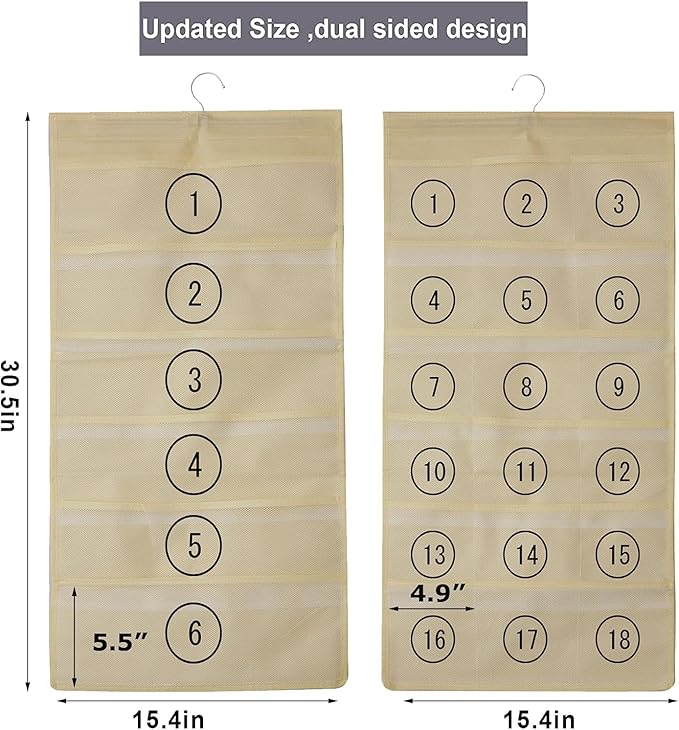 Hanging Mesh Pockets Dual-Sided Closet Organizer for Underwear,Bra,Socks,Accessories with Hanger,Total 24 Pockets Beige