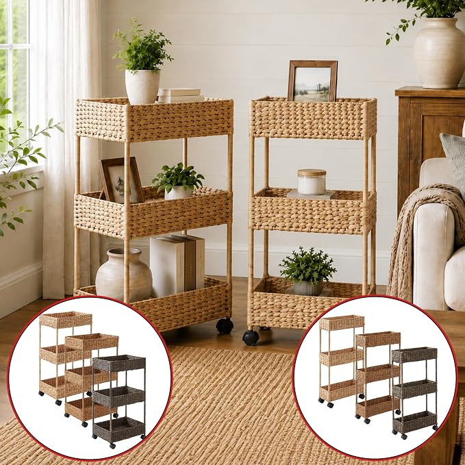 Casafield 3-Tier Rolling Storage Cart - Cinnamon, Water Hyacinth Nursery Caddy, Utility Cart for Bathroom, Craft Room, Laundry Room Organization