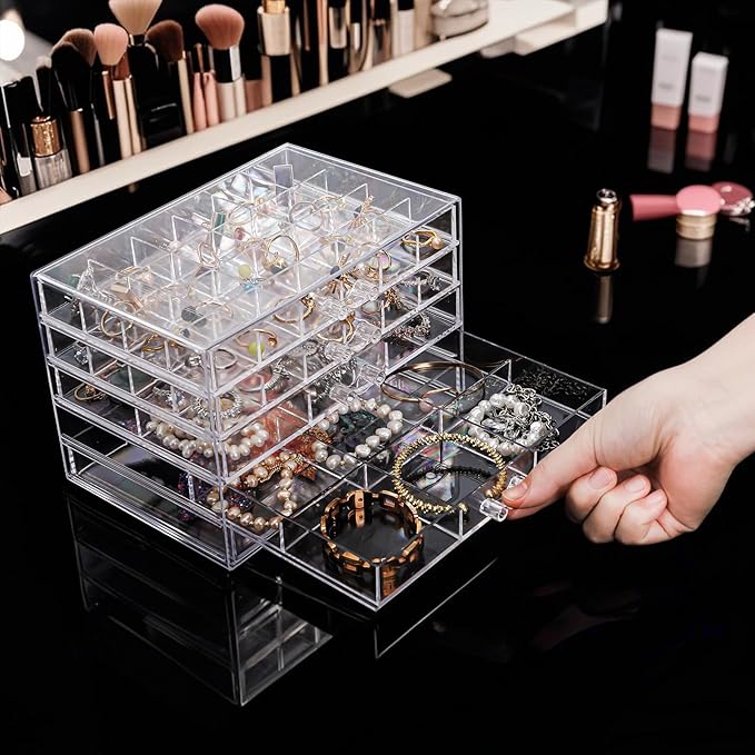 yarlung Acrylic Jewelry Storage Box Earring Holder with 5 Drawers, 61 Grids Jewelry Organizer Tray Clear Ring Display Case for Beads, Nail Tips, Women Girls Gift