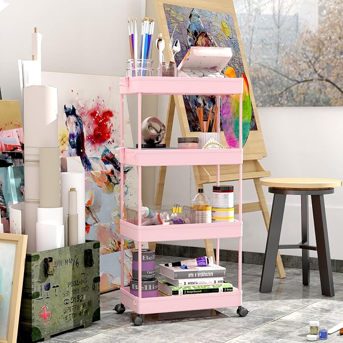SPACELEAD 4 Tier Rolling Cart with Wheels, Storage Craft Art Trolley Organizer Serving, 3 Hanging Baskets Easy Assembly, for Office, Living Room, Kitchen