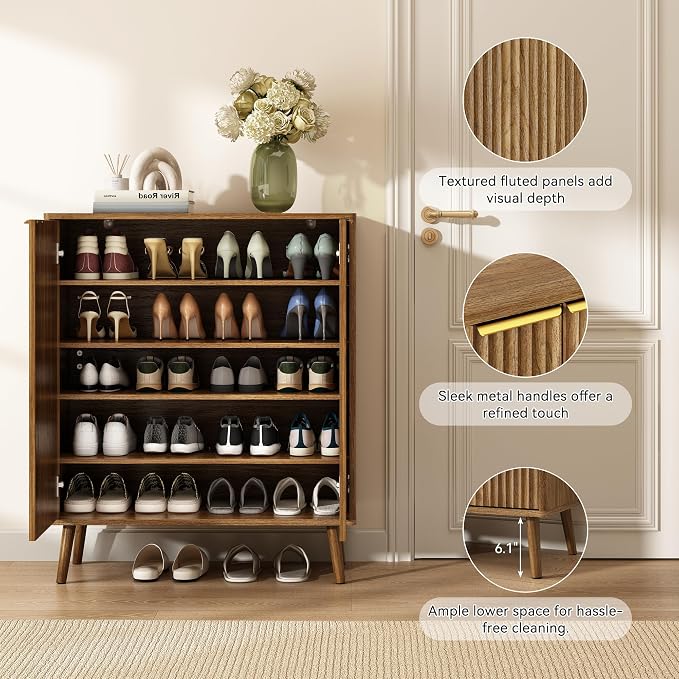Fluted Shoe Cabinet with Doors Set of 2, 5-Tier Shoe Storage Cabinet with Adjustable Shelves, Wooden Freestanding Shoe Organizer Shoe Cabinet for Entryway,Hallway,Living Room, Natural Oak