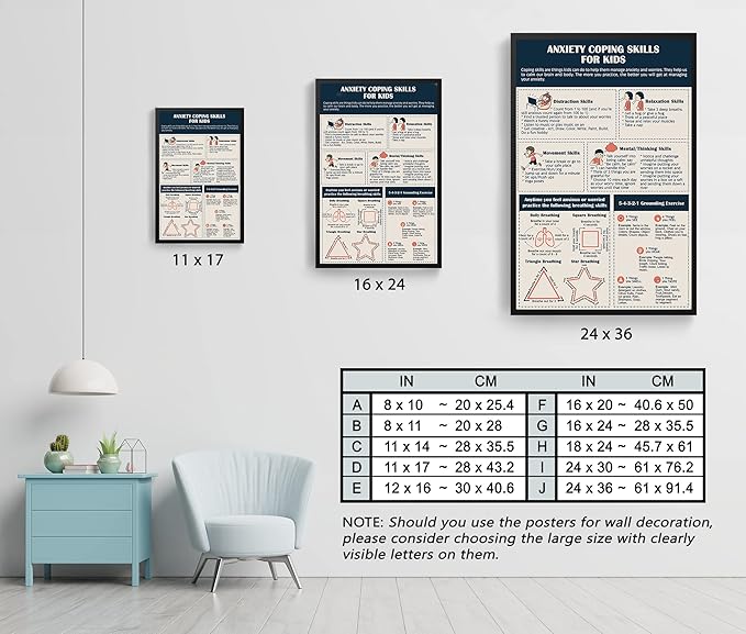 LOLUIS Mental Health Poster, Therapy Educational Supplies Art Print Classroom School Office Decor (Anxiety Coping Skills for Kids, Custom Frame Type)