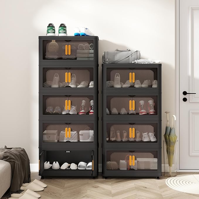 Foldable Storage Cabinet，Plastic Cabinet，Stackable Storage Bins， Open Front with Magnetic Door and Wheels (Extra Large-5Tiers)