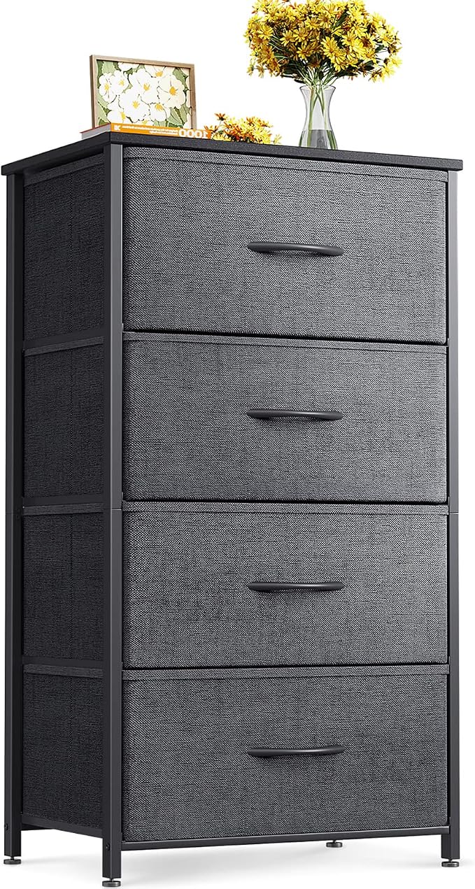 ODK Small Dresser for Bedroom with 4 Storage Drawers, Dark Grey | Dresser Chest of Fabric Drawers with Sturdy Steel Frame for Small Space, Wood Top