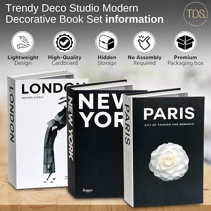 Decorative Fake Books for Minimalist & Coffee Table Decor - Designer Set of 3 (Cities) with Hidden Storage