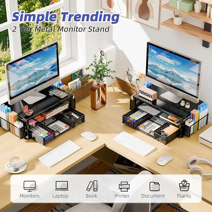 Simple Trending 2-Tier Monitor Stand Riser, Drawer & 2 Pen Holders, Black | Sturdy Material