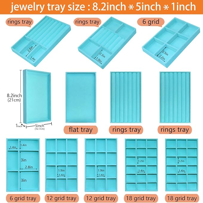 12 Pcs Jewelry Organizer Tray Stackable Velvet Jewelry Tray Earrings Display Case Necklace Earring Box Storage Drawer Bracelet Rings Accessories Trays, Blue