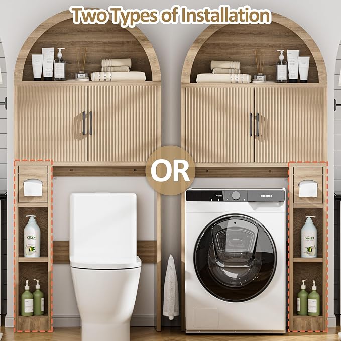 Spurgehom Over The Toilet Storage Cabinet, Bathroom Shelf Organizer Freestanding, Bathroom Arch Cabinet Over Toilet with Toilet Paper Holder and Anti-Tipping Device, Wood