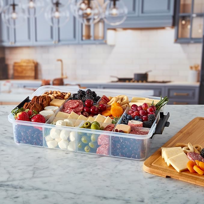 Farberware Snacklebox 11x16 Inch Bamboo Cutting Board Lid with 11-Compartment PP Snack Box, Locking Handles for Travel - Charcuterie Board with Lid for Picnics, Road Trips, and Outdoor Entertaining