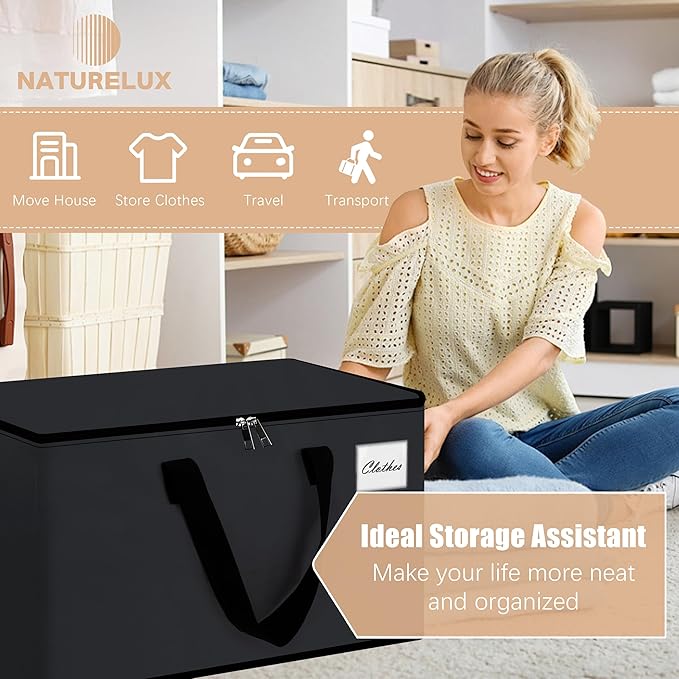 NATURELUX Heavy Duty Moving Bags - Extra Large Packing Bags and Storage Totes, Collapsible and Foldable Option for Moving and Storage, Black, 93 L - 12 Pack
