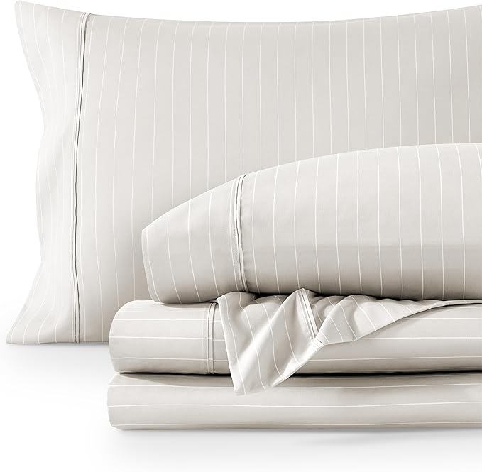 Bare Home Full Sheet Set - Luxury 1800 Ultra- Soft Double Brushed Microfiber - Deep Pockets - Easy Fit - 4 Piece Bedding Sheet Set (Full, Pinstripe - Stone/White)
