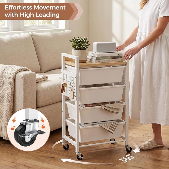5 Tier Rolling Cart with Drawers, Plastic Drawer Storage Craft Cart with Pegboards & Hooks, Metal Utility Cart with Wheels & Wooden Tabletop, Classroom Office Art Supply Organizers and Storage, White