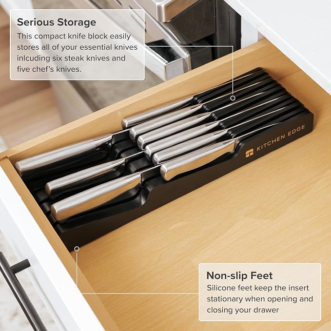 KitchenEdge In-Drawer Knife Block Holder, 11 Slots, Black | Fits most knife sizes, rubber feet, food-safe finish