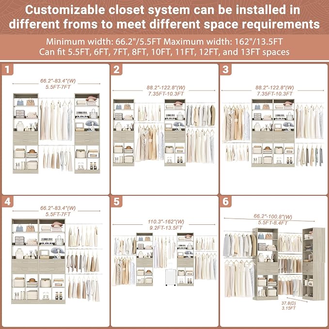 Besiost Closet System, 7.4ft-10ft with 4 Wooden Drawers and 5 Hanging Rods, Can Fit 88 to 123 inch Walk-in Closet System, White Oak