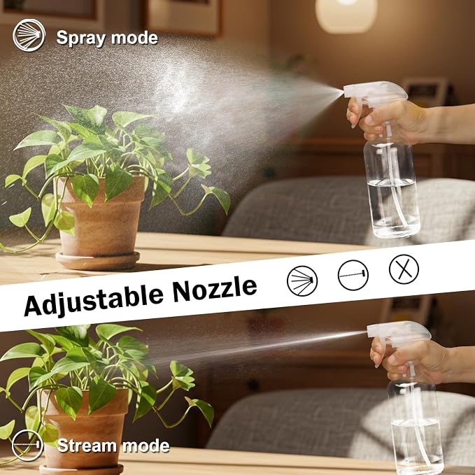 16.9oz Glass Spray Bottles 2 Pack,Mist/Stream Spraying | Adjustable Refillable Containers for Hair Care, Cleaning Solutions, Plants, Essential Oils