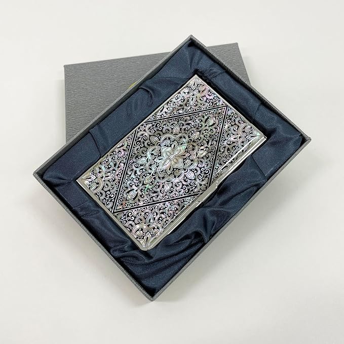 Mother of Pearl Business Card Case Credit Id Name Holder Travel Wallet Art Painting Design Metal Stainless Steel Engraved Slim Purse Pocket Cash Money Wallet (Diamond Arabesque)