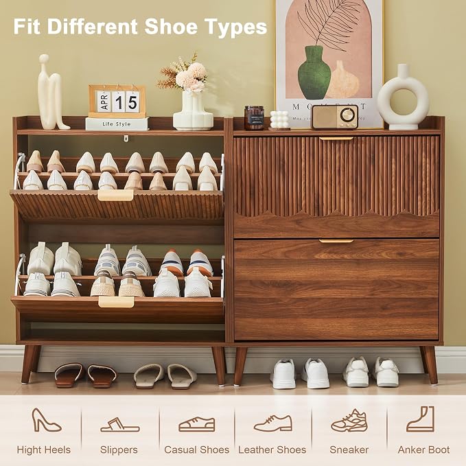 BERRYMERRY 30" Narrow Shoe Storage Cabinet with 2 Flip Drawers and Wave Fluted Design for Hallway Entryway Living Room Foyer (Fluted Walnut 2 Drawer)