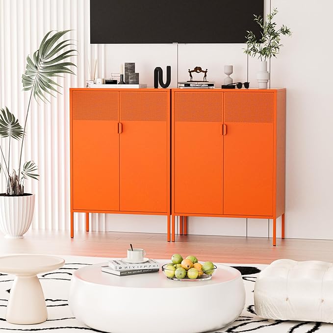 Washsemba 2 Mesh Door Metal Cabinet with Adjustable Shelves, Multipurpose Orange Storage Cabinet, 3-Tier,Metal Storage Cabinet for Office Home,Hallway(Orange, 47''H)