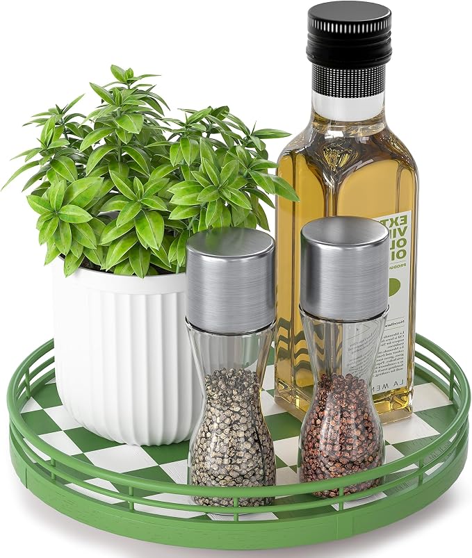 Premium Rubber Wood Lazy Susan Turntable, Green White Checkerboard Decorative Serving Tray, Hand-Welded Metal Railing, Stable Rotating Organizer for Dining Table, Kitchen Counter, Coffee Table Decor