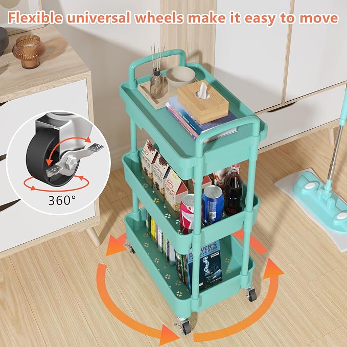 Calmootey 3-Tier Rolling Utility Cart with Drawer,Multifunctional Storage Organizer with Plastic Shelf & Metal Wheel,Storage Cart for Kitchen,Bathroom,Living Room,Office,Green | Space-Saving Organizer, Sturdy Plastic Shelves, Smooth-Rolling Metal Wheel...