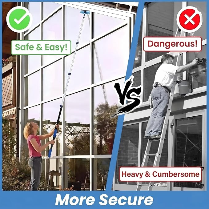 36ft High Ceiling Duster Kits with 5-30ft Heavy Duty Extension Pole - Fan Blade Cleaner, Cobweb Remover & Blue Window Squeegee Kit, Washable Dust Brush for High Roof and Glass Surfaces
