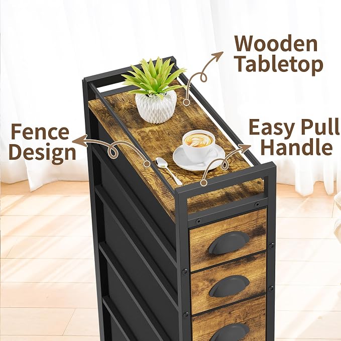 LASZOLA 5 Drawer Narrow Dresser Slim Cabinet Skinny Storage Tower Chest, Ideal for Small Spaces Bathroom, Between Washer and Dryer, Lightweight Mobile on Wheels, Sturdy Fabric Drawers, Brown