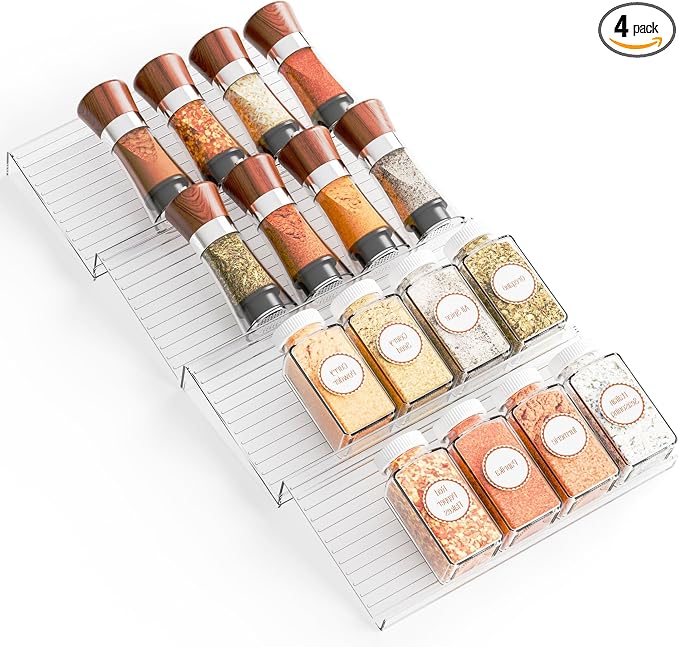 Yieach 4 Pack Adjustable Narrow In Drawer Spice Organizer - Expandable From 9'' to 17.7'' - Acrylic Drawer Seasoning Organizer,Clear Spice Drawer Insert Tray for Drawers Condiment,Jar Organization
