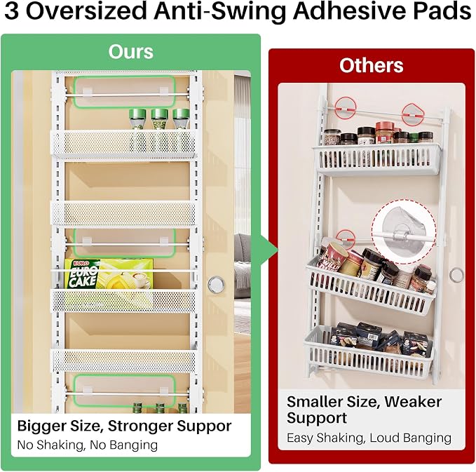 Narrow Over the Door Pantry Organizer - 8 Tiers Height Adjustable Pantry Organizers and Storage with Dense Mesh Baskets, Metal Spice Rack for Kitchen Bathroom (White, 12.2"W x 4.6"D x 69.1"H)