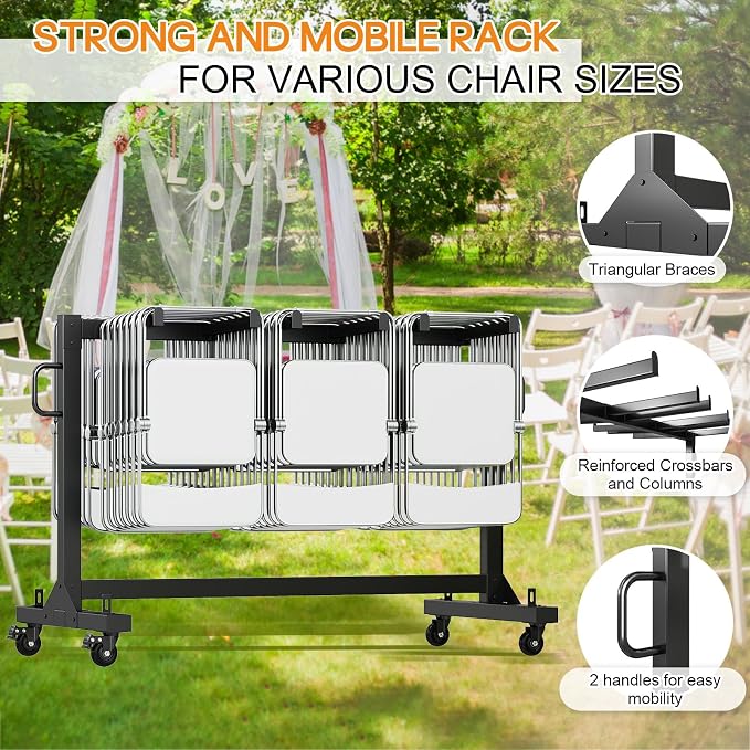 Specraft Folding Chair Rack, Holds 12 Tables or 42 Chairs with 30 PCS Chair Covers, 550 lbs Capacity, Heavy-Duty Cart with Wheels, Elastic Cords, Cover, Glossy Black