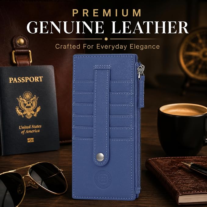 Leatherboss Genuine Leather Women's All in One Credit Business Card Case Holder Slim Zipper Wallet With a Card Protection Strap, Royal Blue
