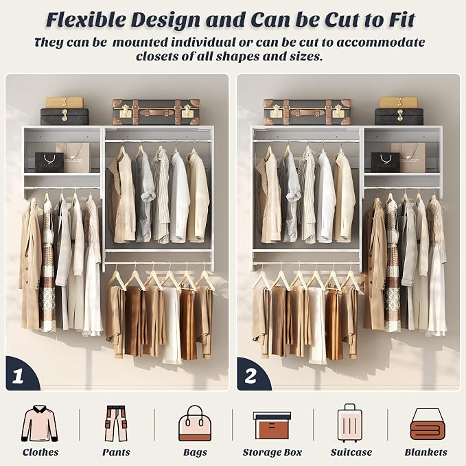 Unikito 36” - 60” Closet System, 5FT Walk in Closet Organizer Starter Kits with 3 Hanging Rods and 2 Shelves, Heavy Duty Reversible Wood Clothing Racks, Cut Be Cut to Fit, Max Load 800 LBS, White