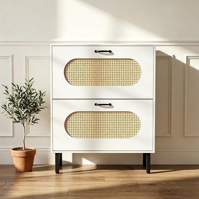 SUNCROWN 2 Flip Drawers Shoe Storage Cabinet, Freestanding Narrow Entryway Organizer, Natural Semi-Circular Rattan Doors, Adjustable Shelves & Anti-Tip Kit, White