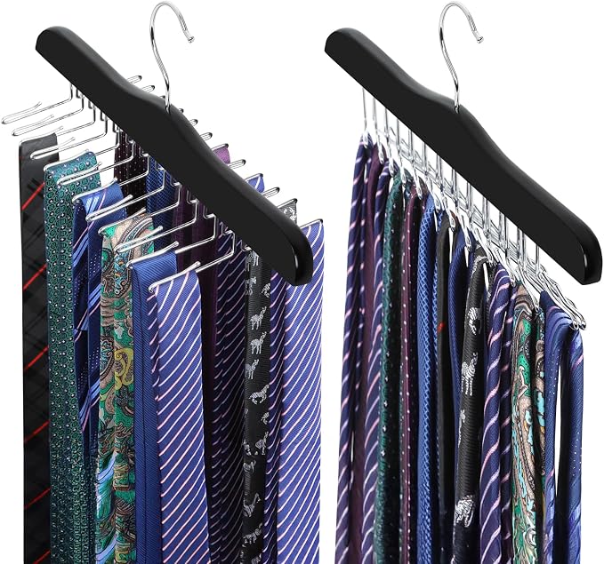 TOPIA HANGER Tie Rack Hanger for Closet 2 Packs, Wooden Tie Organizer for Men with 24 Folding Hooks, Space Saving Necktie Holder for Storage and Display Bra, Tank Top, Camisole (Black) - CT14B-2