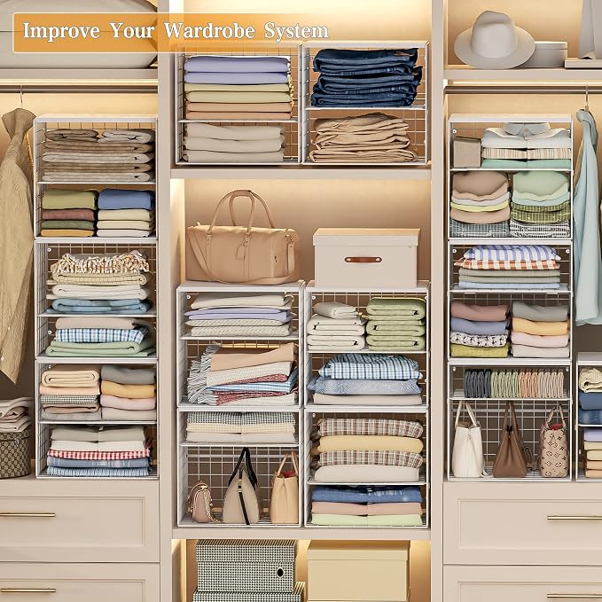 Huxitocan 4-Tier Stackable Closet Organizers and Storage Shelves, Closet Storage Basket with Wood Tops, Adjustable Height Dividers Closet Storage Bins for Home Closet Organizer System, White