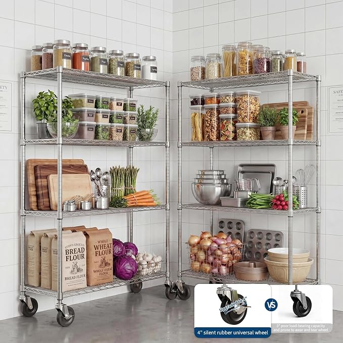 Garvee NSF Metal Shelving with Wheels, 4-Tier/1800LBS, 71"H Storage Shelves | Adjustable Wire Shelving Rack, Chrome Plating, Heavy Duty, Rolling Racks for Kitchen Commercial, 47.2"Wx17.7"D, Easy to Clean
