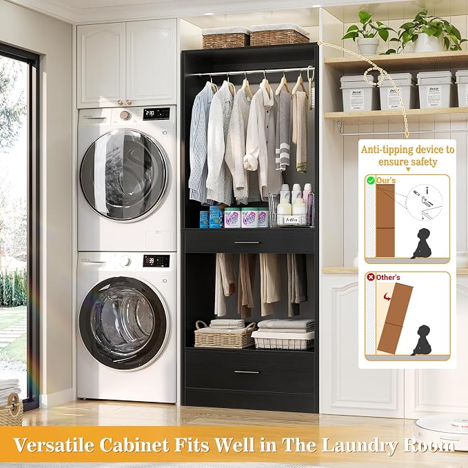 Homieasy Closet System Organizer with Hanging area, Pants Rack & Drawer – Expandable & Sturdy Modular Closet Storage Unit, Customizable Wardrobe Organizer for Bedroom or Walk-In Closet, Black