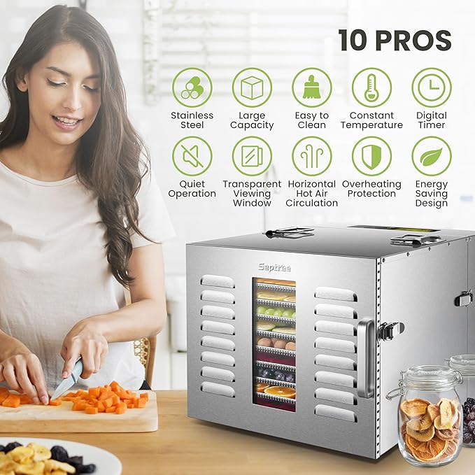 Commercial 10 Trays Food Dehydrator Machine for Jerky and Herbs Usable Area up to 24.65ft² and 194℉ Temperature 1000W Detachable Stainless Steel Dryer for Meat Fruit Mushrooms Beef Food Silvery