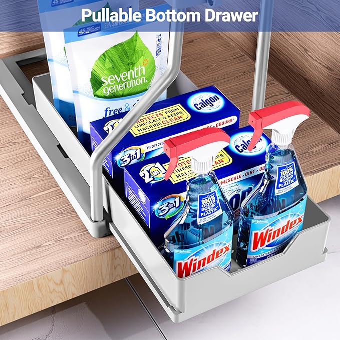 Puricon 2 Pack Under Sink Organizer, 2-Tier L-Shape Sliding Under Sink Organizers and Storage, Under Counter Storage Organizer Pull Out Under Sink Storage for Kitchen Bathroom -Grey