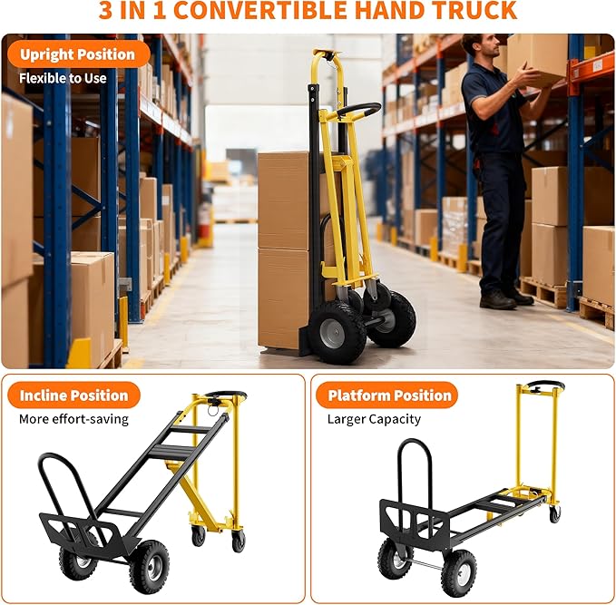 3-in-1 Convertible Hand Truck - 800 Lbs Heavy Duty Multi-Functional Aluminum Moving Dolly with Stair-Climbing Wheels - Folding Platform Cart & Utility Trolley for Home, Warehouse, Office