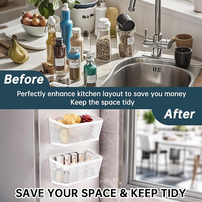 2Pcs Magnetic Spice Rack for Refrigerator, White Magnetic Shelves | Powerful Magnet Hanging Basket Holder, Magnetic Organizer Shelf for Fridge, For Seasonings Fruit Vegetables Coffee Beans