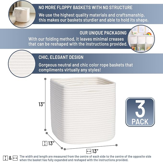 NaturalCozy 13 Inch Cube Storage Bins Cotton Rope Woven Baskets for Organizing 3-Pack | 13 x 13 Storage Cubes | Fabric Square Storage Baskets for Shelves Organizer, Kids Toy Bins, Closet Baby Nursery