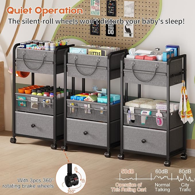 Cidaziya 3In1 Baby Diaper Caddy Organizer, 3 Tier Rolling Cart with Drawer, Detachable Dividers, Mobile Utility Cart Baby Dresser Clothes Organizer for Crib, Bedroom, Art & Craft Storage, Grey